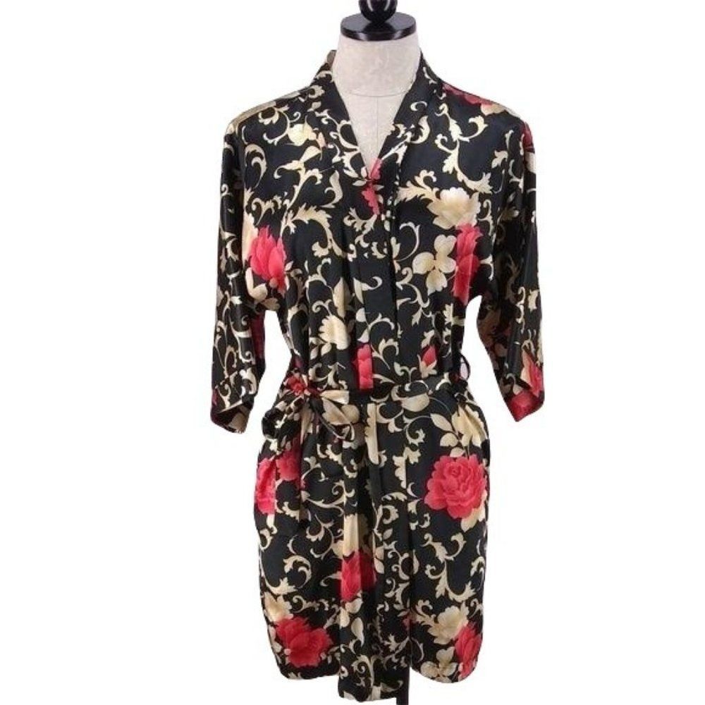 Inner Most Black Floral Kimono xsmall Duster Robe
